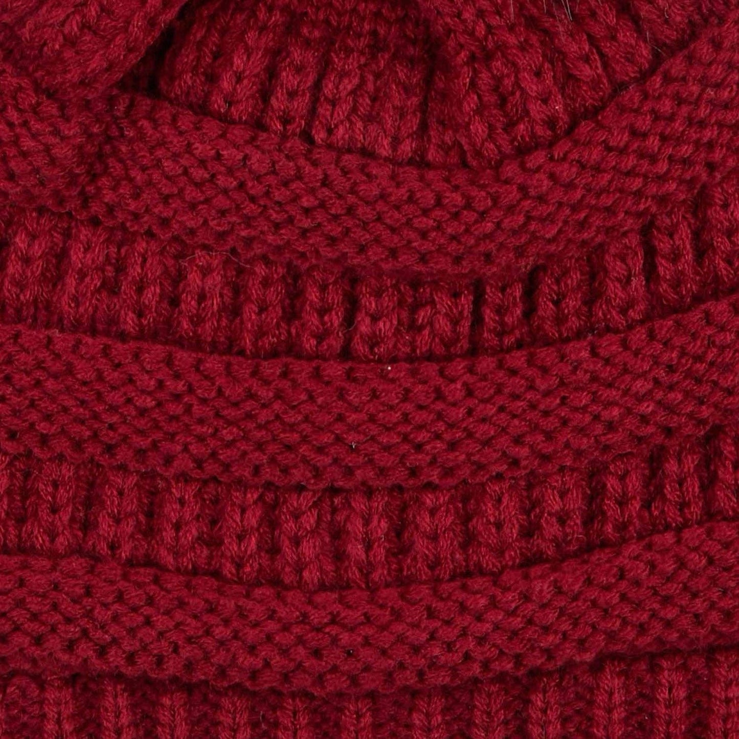 C.C Cable Knit Beanie with Matching Faux Fur Pom - Burgundy