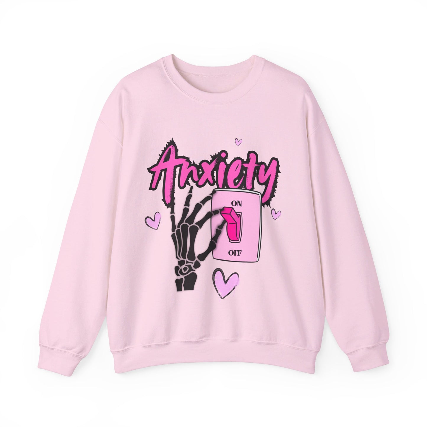 Anxiety Switch Unisex Graphic Sweatshirt - Dark Humor Crewneck in White and Pink