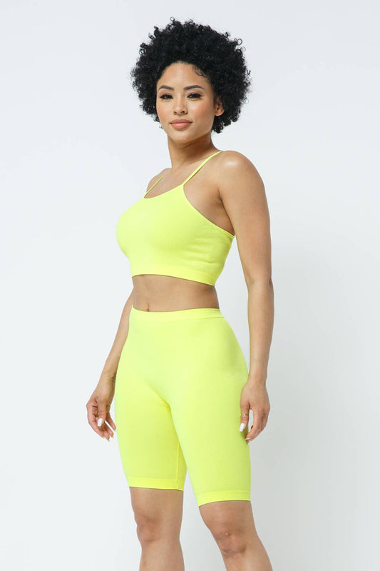 Neon Lime Seamless Crop Top and Biker Short Set for Women Gym and Everyday Activewear