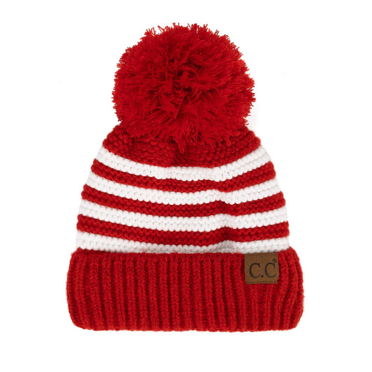 🎅🎄 Candy Cane Cozy! CC Chunky Knit Striped Pom Beanie - Red