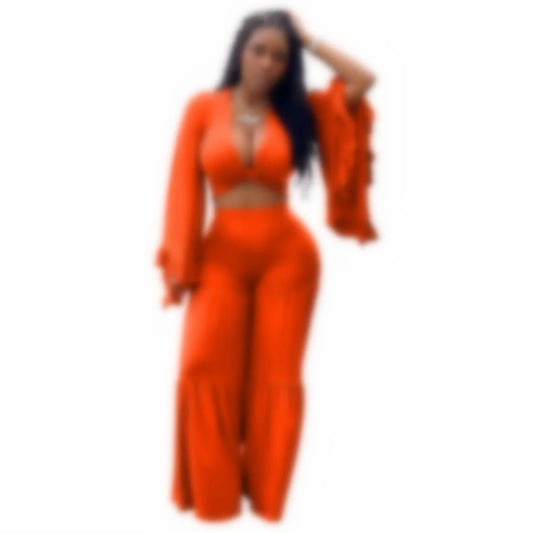 Casual Spring And Autumn For Women's Solid Color Long Sleeved Chest Wrap Top and Wide Leg Trousers Female Office 2 Piece Set