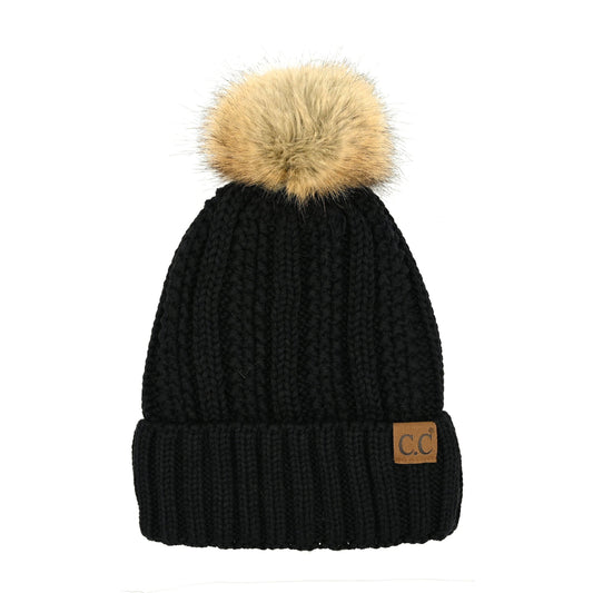 C.C Luxe Fleece-Lined Beanie with Bold Faux Fur Pom