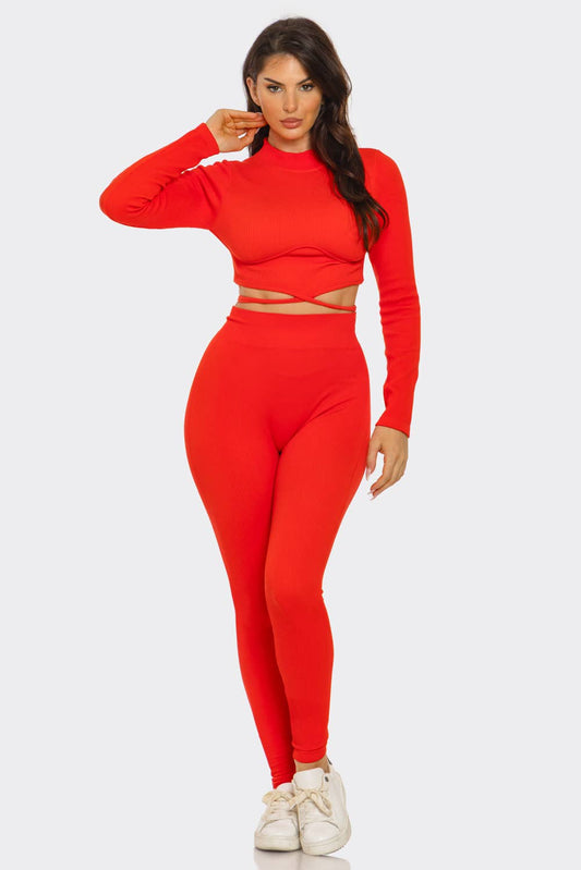 Curve Hugging Seamless Crop Top And Leggings Set Red Orange For Plus Size Women Sculpted Support