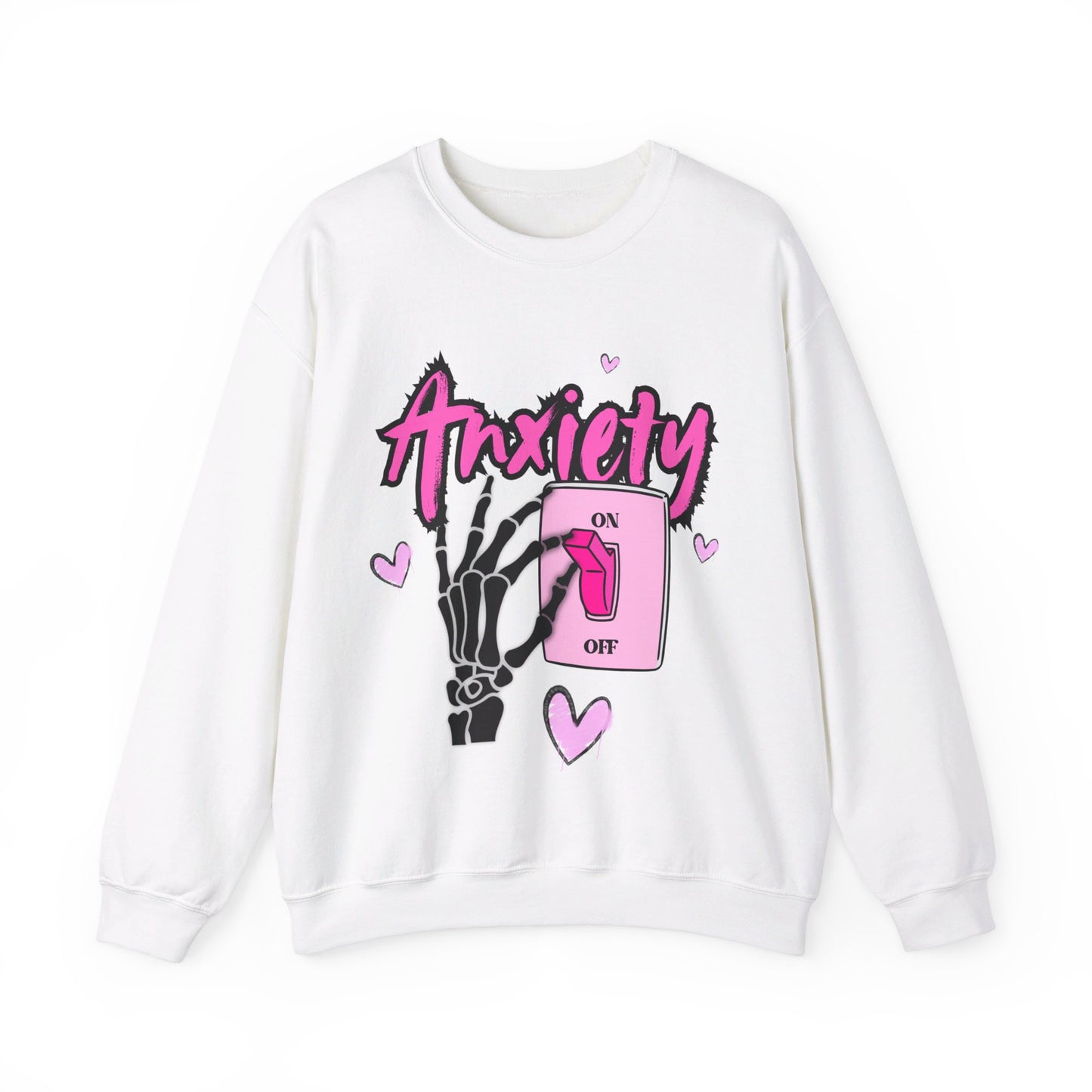 Anxiety Switch Unisex Graphic Sweatshirt - Dark Humor Crewneck in White and Pink
