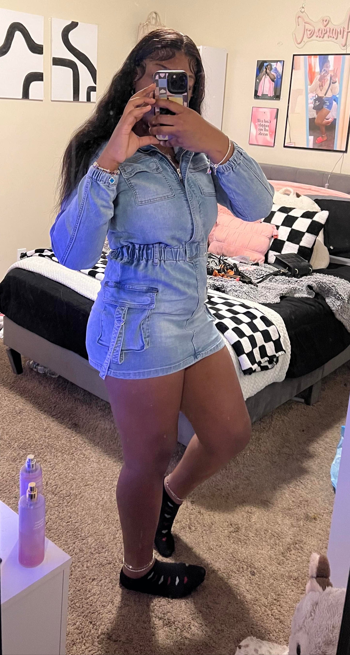 Long Sleeve Denim Romper Skirt