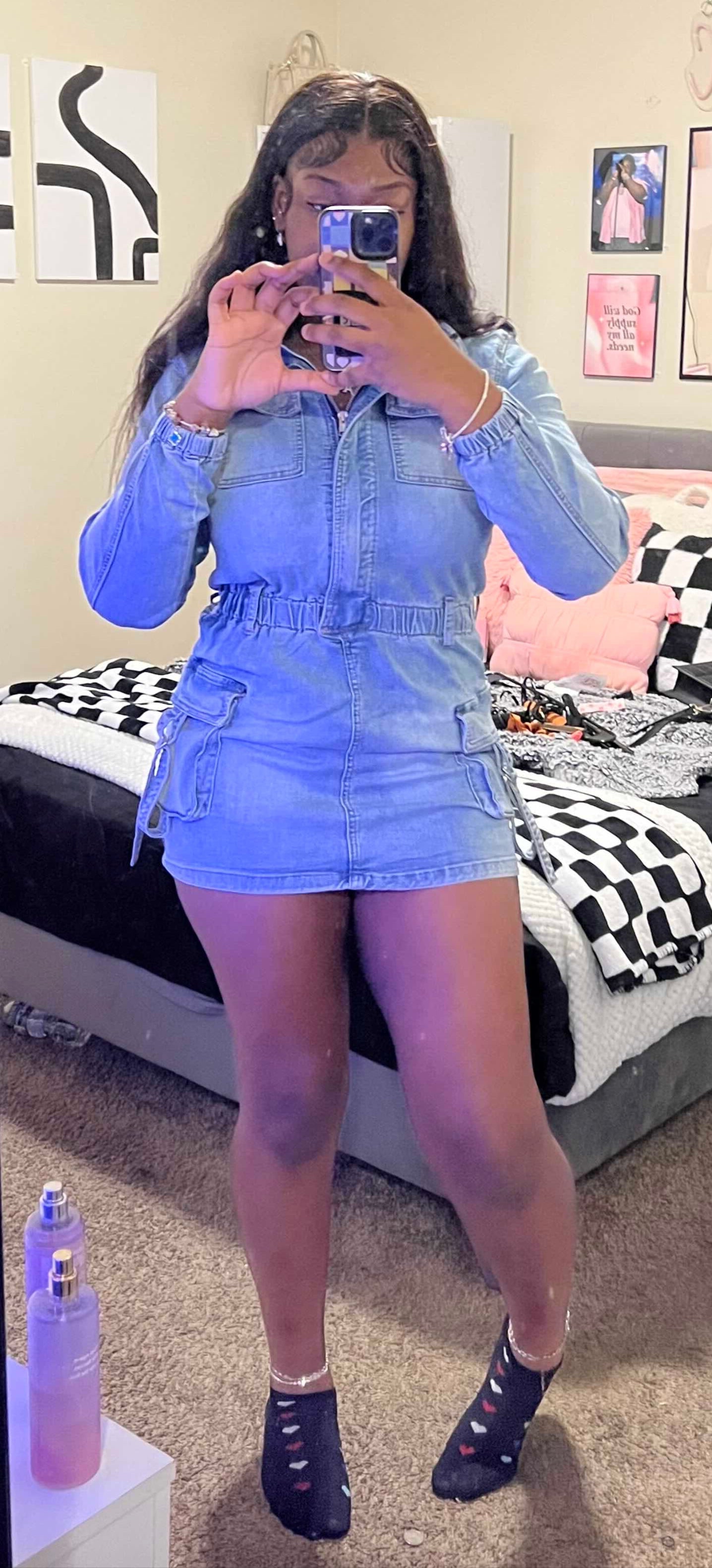 Long Sleeve Denim Romper Skirt