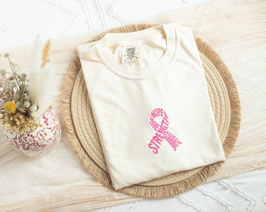 Embroidered Pink Ribbon Breast Cancer Awareness Tee
