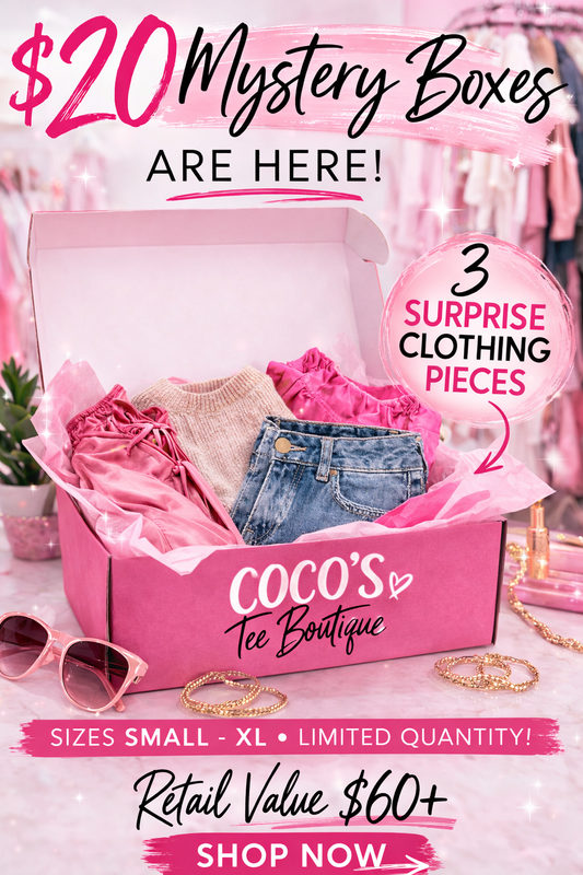 Promotional image of a pink mystery box from Coco's Tee Boutique with clothing pieces and accessories.