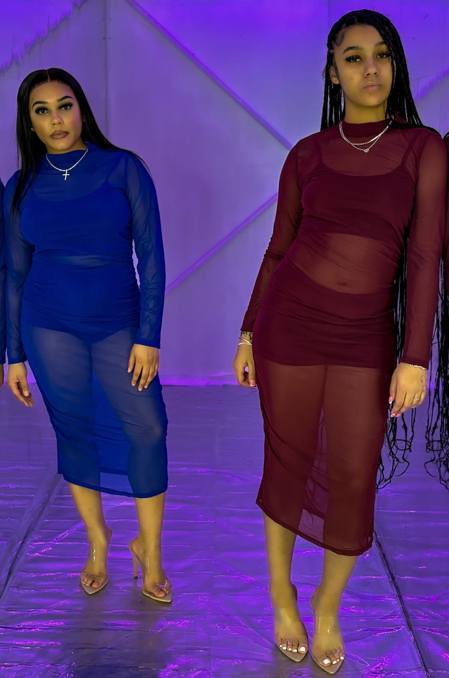 Triple Threat Mesh Magic: 3-Piece Crop Top, High Waist Shorts & Sheer Dress Set