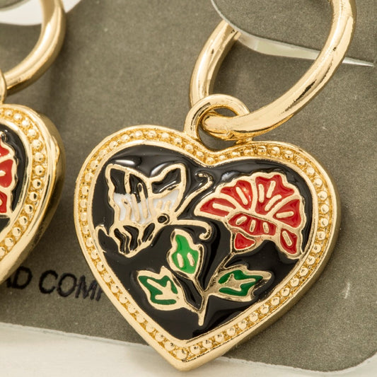 Floral Enamel Heart Charm Hoop Earrings