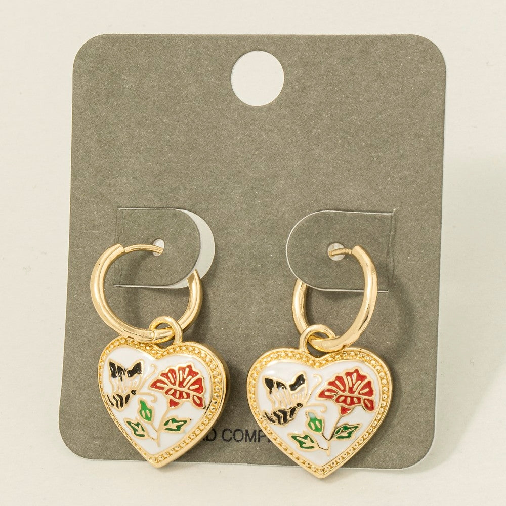 Floral Enamel Heart Charm Hoop Earrings