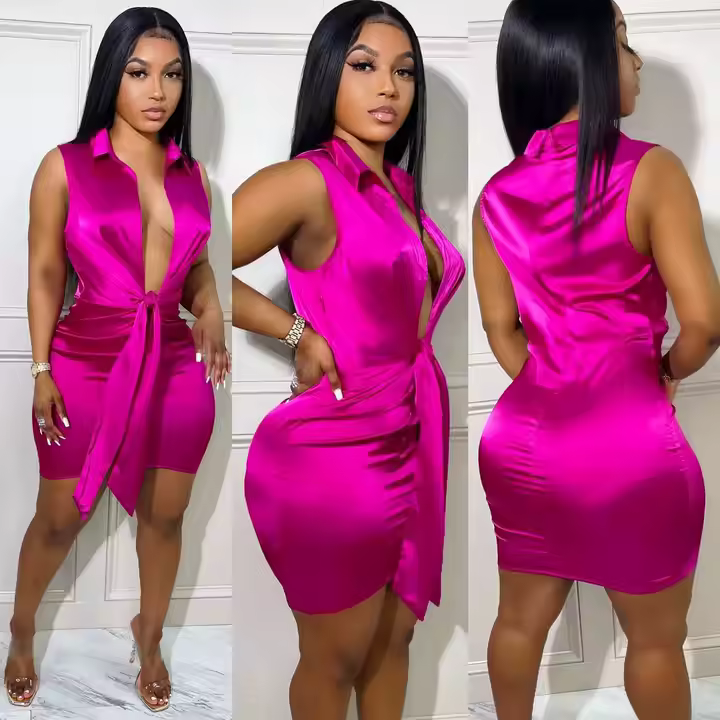 ✨ Sleek & Chic: Fuchsia Satin Lace-Up Mini Party Dress ✨