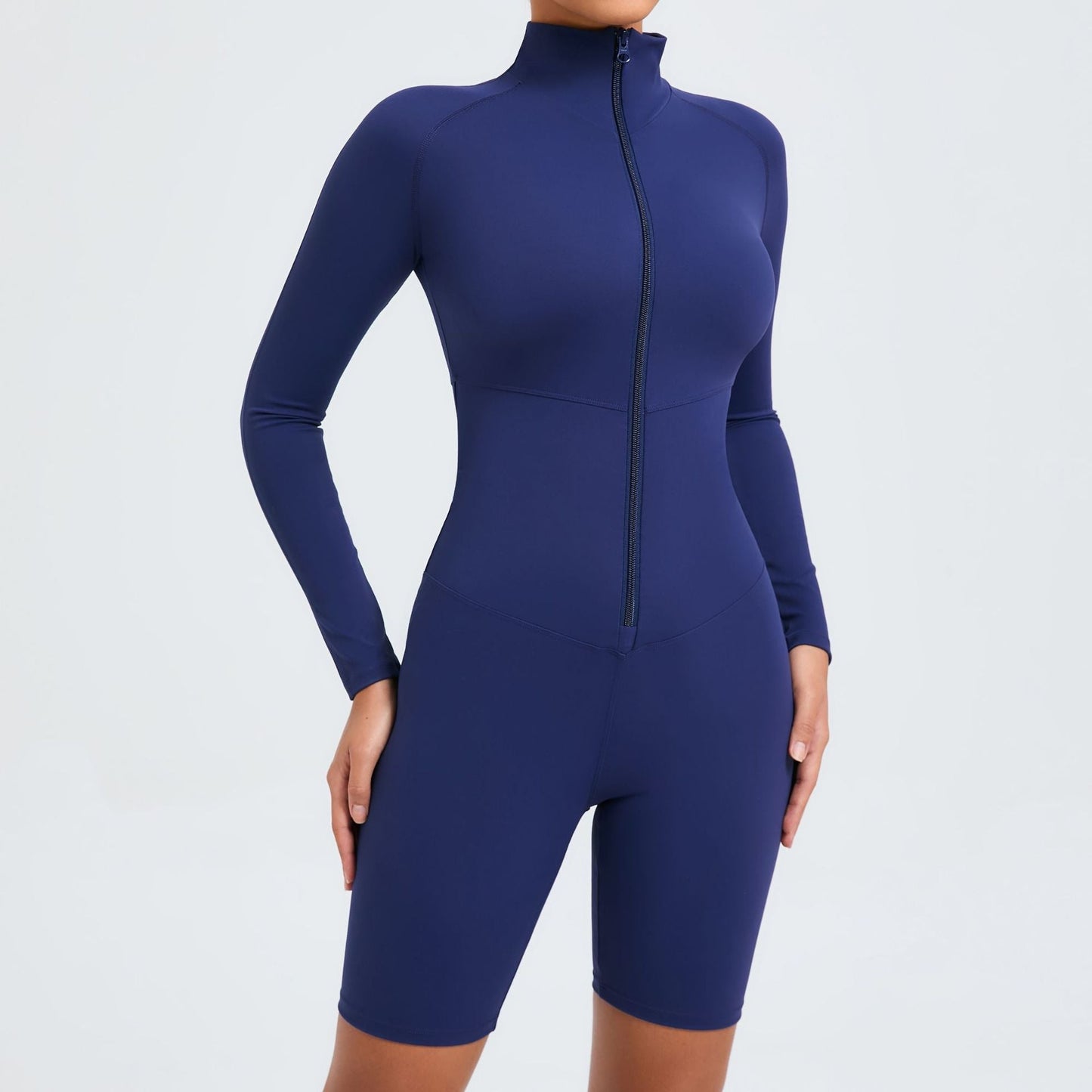 Brown and Navy Long Sleeve Zipper Fitness Sports Romper for Belly Contracting