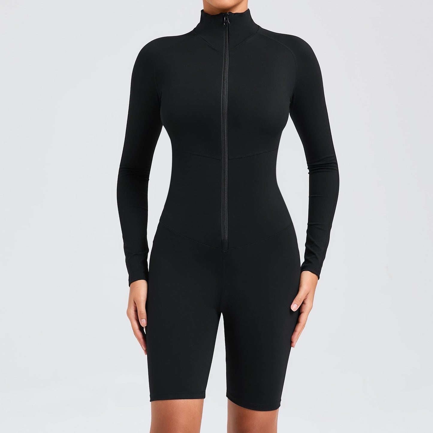 Brown and Navy Long Sleeve Zipper Fitness Sports Romper for Belly Contracting
