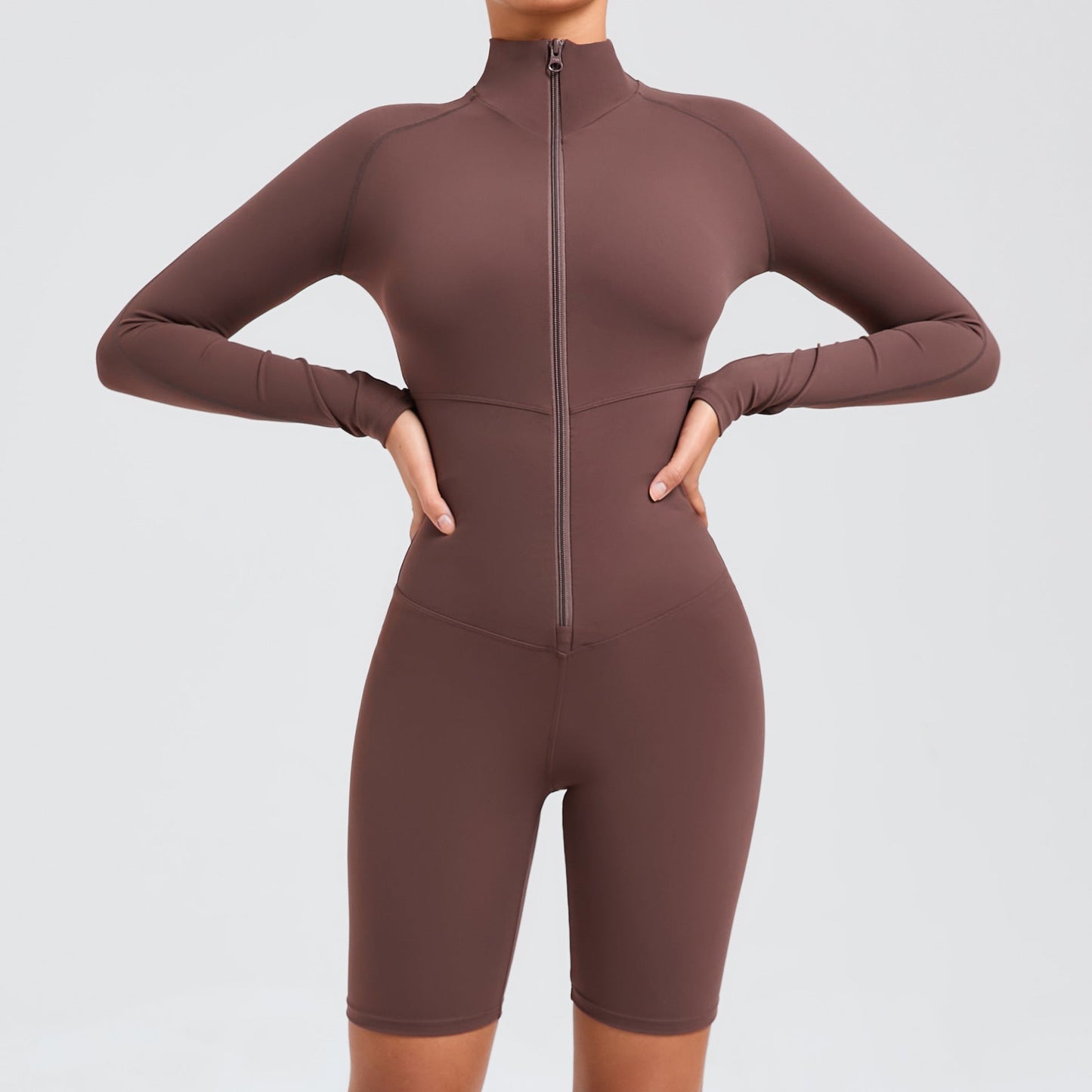 Brown and Navy Long Sleeve Zipper Fitness Sports Romper for Belly Contracting