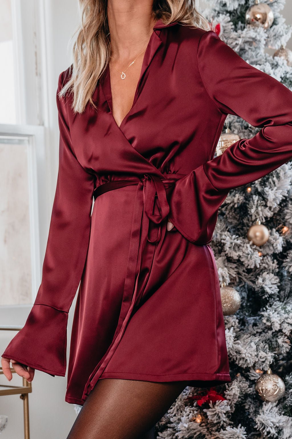Burgundy Wrap Satin Mini Dress-FINAL SALE