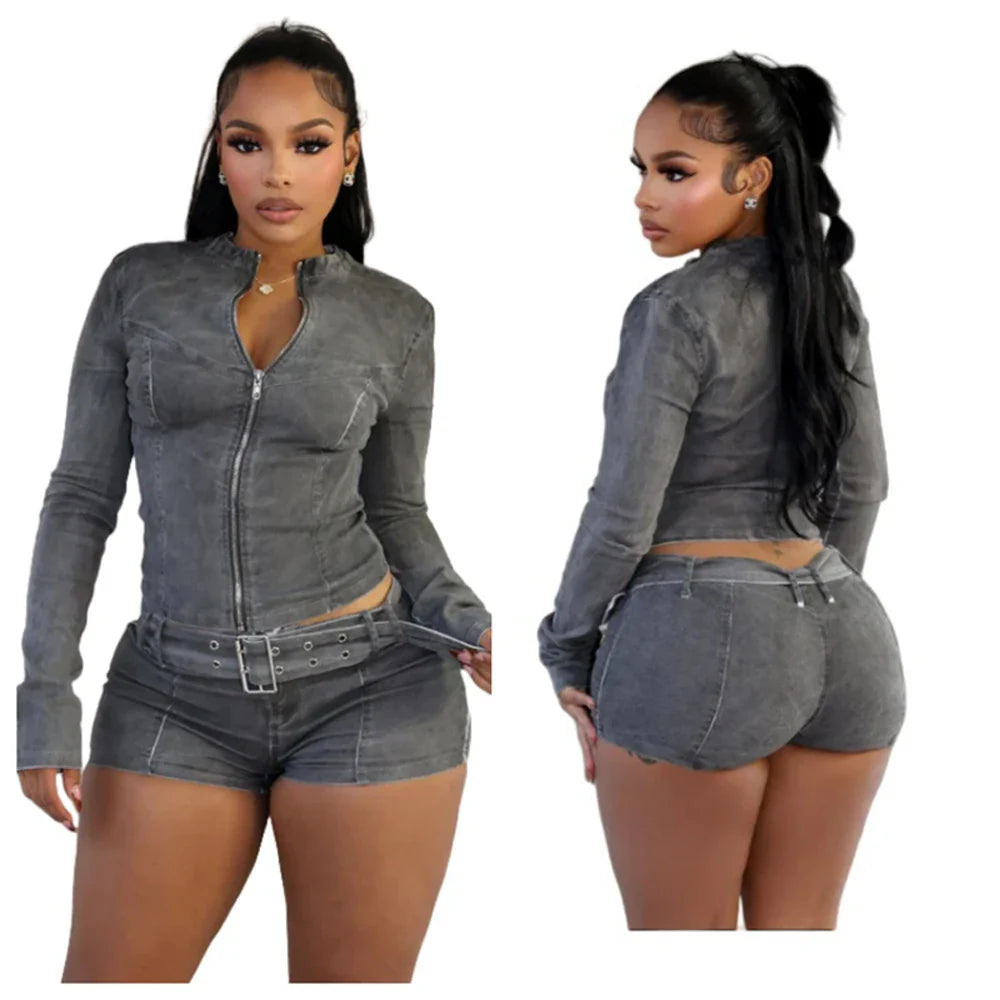 Denim Womens 2 Two Piece Set Stretchy Long Sleeve Zip Up Slim Jackets and Shorts Suits Y2k Streetwear Belt Jean Outfit Sets