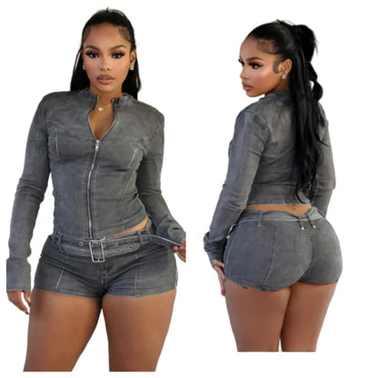 Denim Womens 2 Two Piece Set Stretchy Long Sleeve Zip Up Slim Jackets and Shorts Suits Y2k Streetwear Belt Jean Outfit Sets