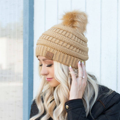 C.C Cable Knit Beanie with Matching Faux Fur Pom - Burgundy