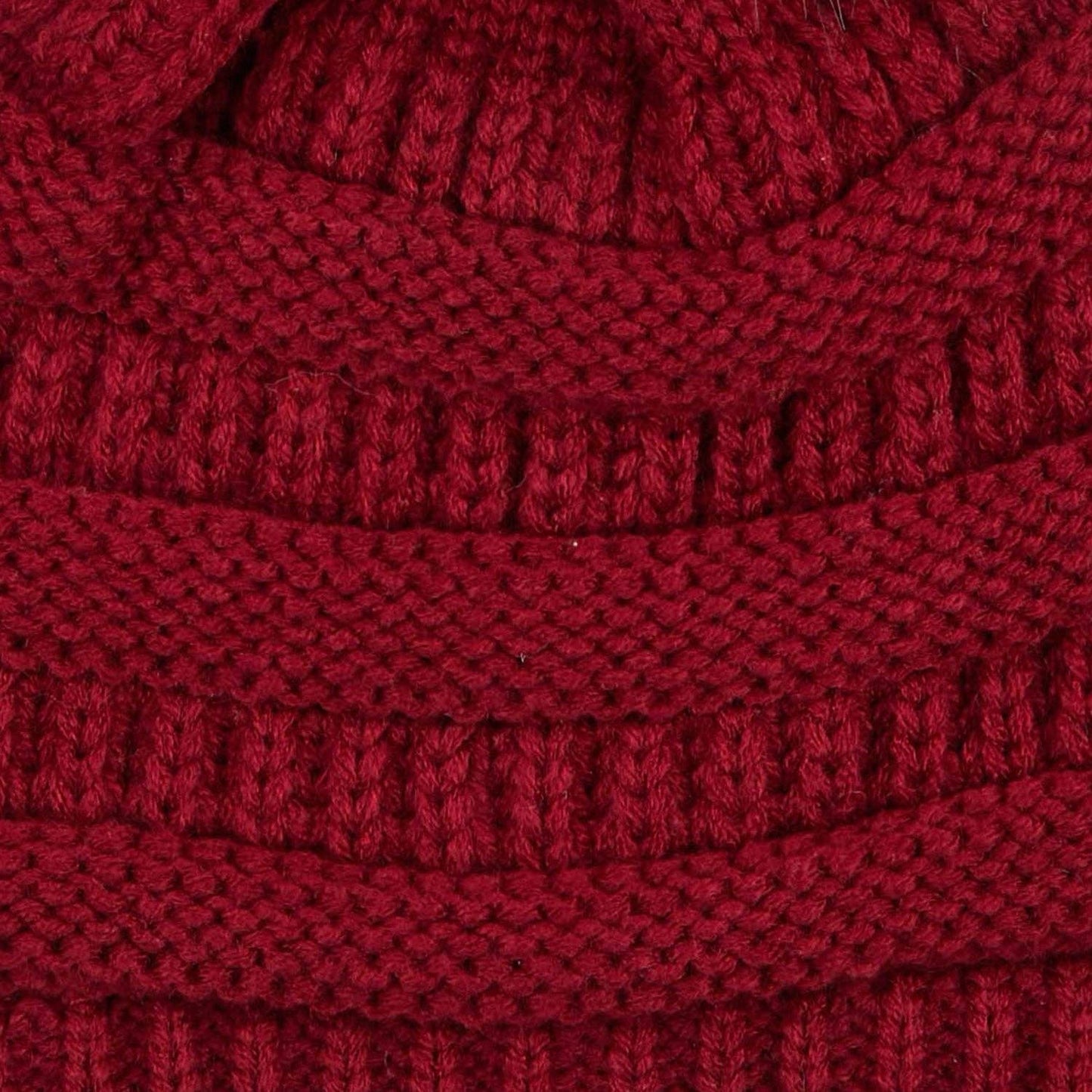 C.C Cable Knit Beanie with Matching Faux Fur Pom - Burgundy