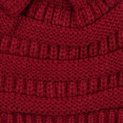 C.C Cable Knit Beanie with Matching Faux Fur Pom - Burgundy