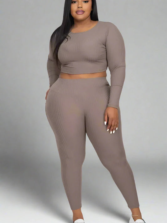 Plus Size Ribbed Long Sleeve Crop Top & Leggings Set - Soft, Stretchy, and Perfect for Everyday Wear