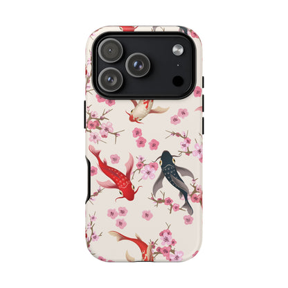 Koi Blossom Tough Phone Case Dual Layer Protective Cover With Shock Absorbent TPU And PC For Cherry Blossom Koi Lovers