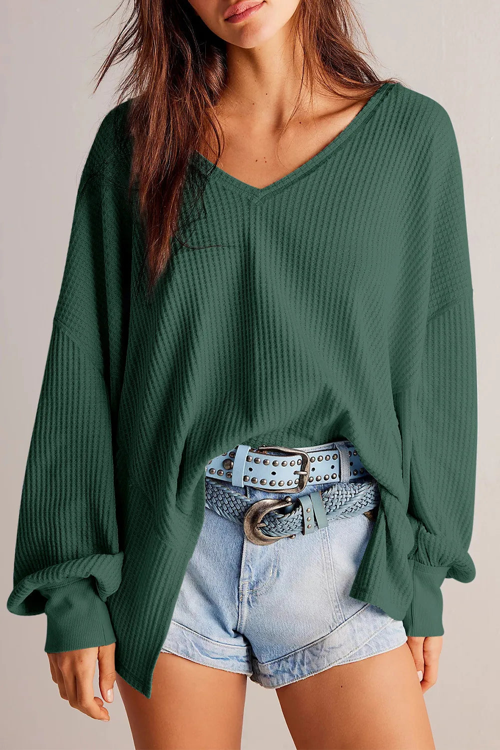 Cozy & Chic Waffle-Knit V-Neck Long Sleeve Top