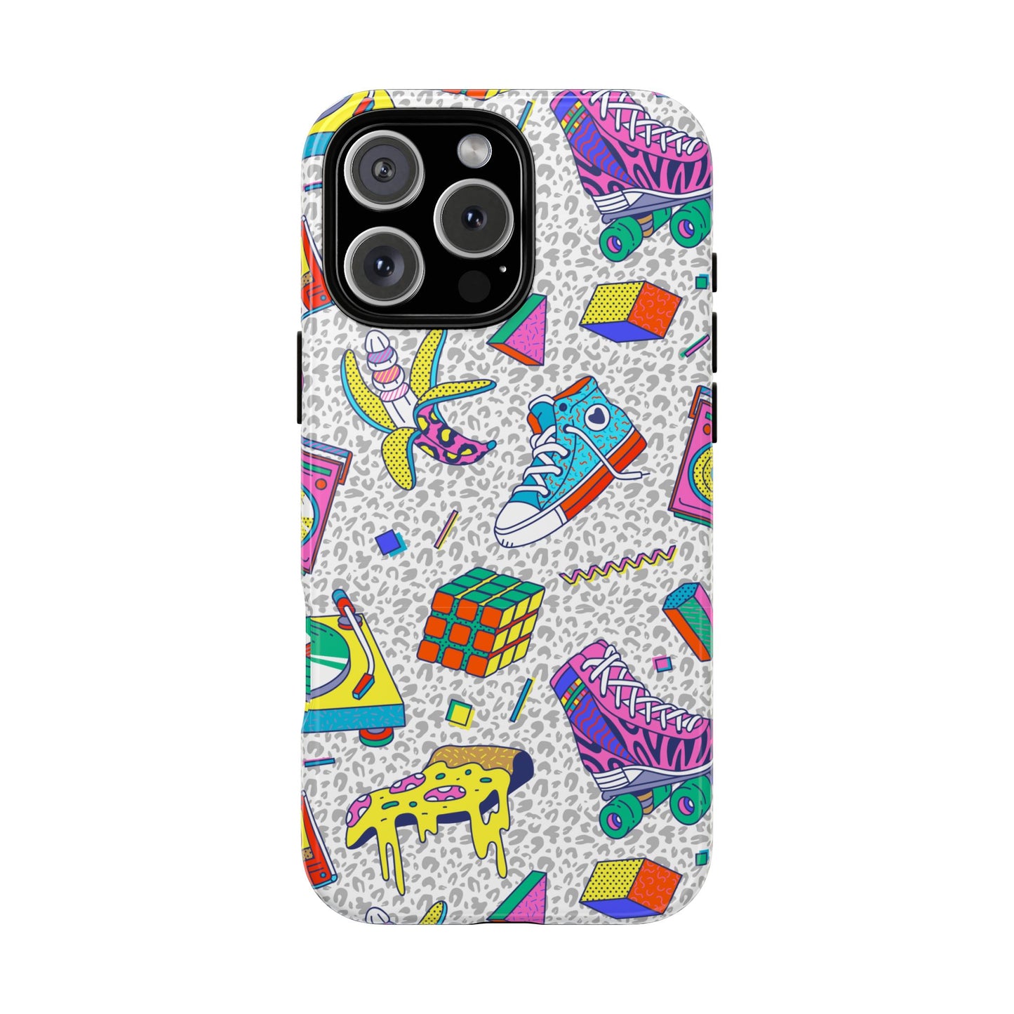Retro 90s Pattern Phone Case — Roller Skates, Rubik Cube & Cassette Design