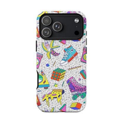 Retro 90s Pattern Phone Case — Roller Skates, Rubik Cube & Cassette Design