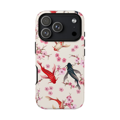 Koi Blossom Tough Phone Case Dual Layer Protective Cover With Shock Absorbent TPU And PC For Cherry Blossom Koi Lovers