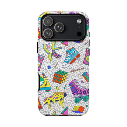 Retro 90s Pattern Phone Case — Roller Skates, Rubik Cube & Cassette Design