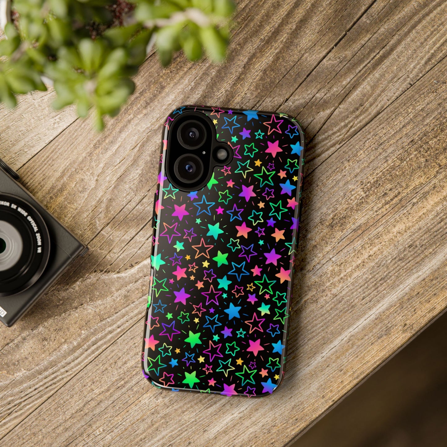 Starburst Neon Phone Case Protective Dual Layer Shock Absorption With Colorful Glow Stars For Trendy Nightlife Fans