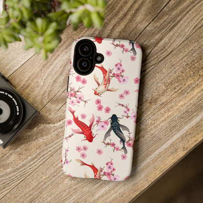 Koi Blossom Tough Phone Case Dual Layer Protective Cover With Shock Absorbent TPU And PC For Cherry Blossom Koi Lovers
