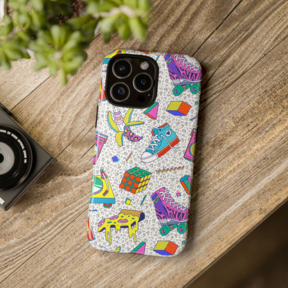 Retro 90s Pattern Phone Case — Roller Skates, Rubik Cube & Cassette Design