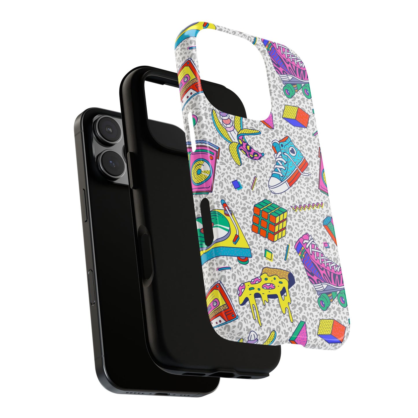 Retro 90s Pattern Phone Case — Roller Skates, Rubik Cube & Cassette Design