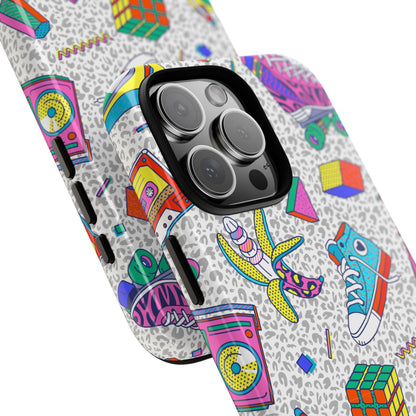 Retro 90s Pattern Phone Case — Roller Skates, Rubik Cube & Cassette Design