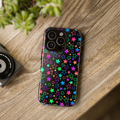 Starburst Neon Phone Case Protective Dual Layer Shock Absorption With Colorful Glow Stars For Trendy Nightlife Fans