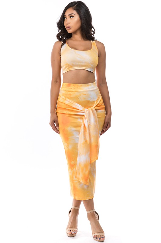 Sunshine Yellow Tie-Dye 2-Piece Crop Top & Maxi Skirt Set