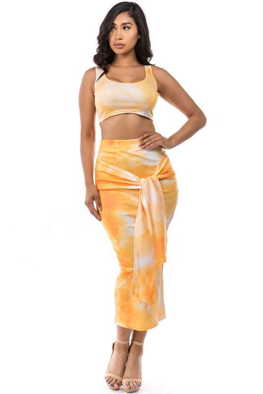 Sunshine Yellow Tie-Dye 2-Piece Crop Top & Maxi Skirt Set