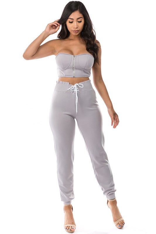 Sleek Grey 2-Piece Set with Zipper Crop Top and Elastic Waist Pants - Small to 2XL