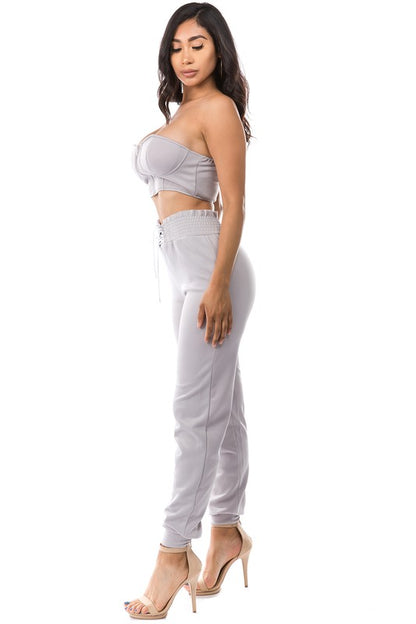 Sleek Grey 2-Piece Set with Zipper Crop Top and Elastic Waist Pants - Small to 2XL