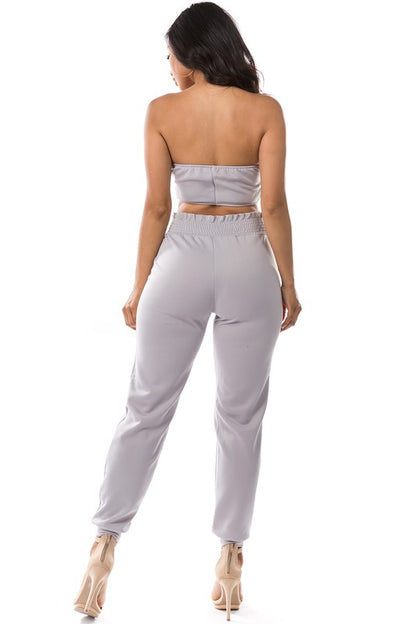 Sleek Grey 2-Piece Set with Zipper Crop Top and Elastic Waist Pants - Small to 2XL