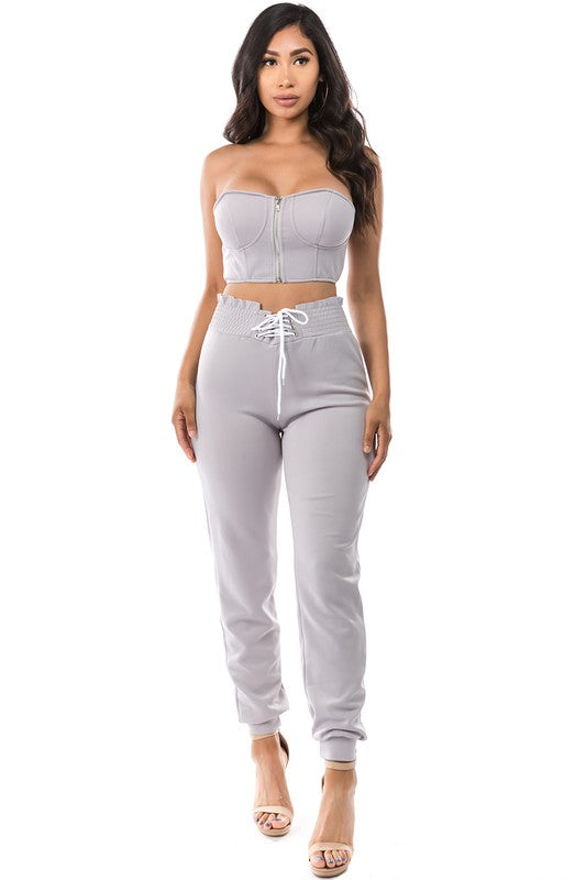 Sleek Grey 2-Piece Set with Zipper Crop Top and Elastic Waist Pants - Small to 2XL