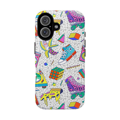 Retro 90s Pattern Phone Case — Roller Skates, Rubik Cube & Cassette Design