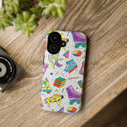 Retro 90s Pattern Phone Case — Roller Skates, Rubik Cube & Cassette Design