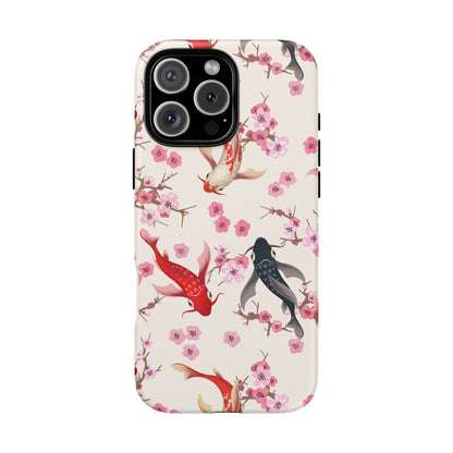 Koi Blossom Tough Phone Case Dual Layer Protective Cover With Shock Absorbent TPU And PC For Cherry Blossom Koi Lovers
