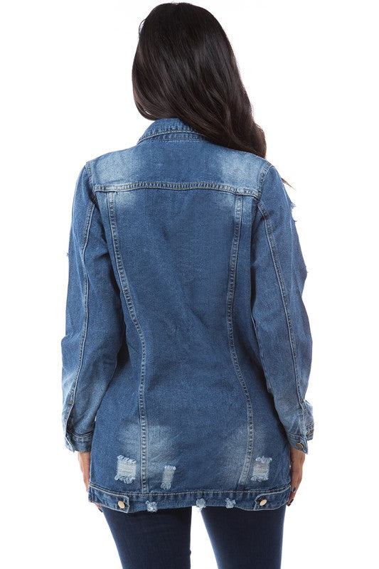 Distressed Denim Long Jacket (Sizes S-3XL)