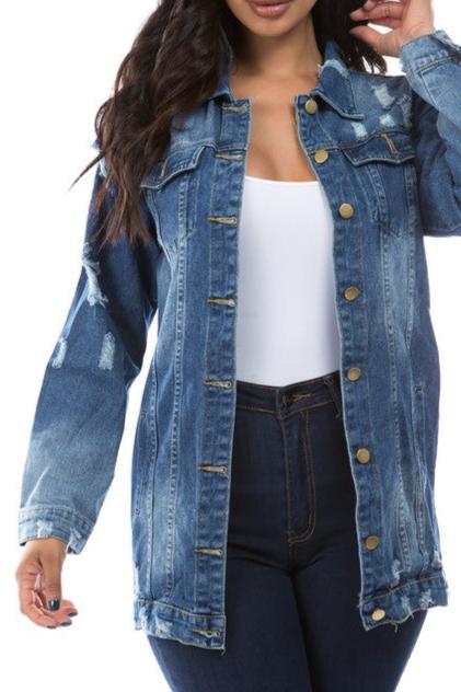 Distressed Denim Long Jacket (Sizes S-3XL)