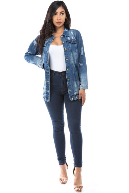 Distressed Denim Long Jacket (Sizes S-3XL)